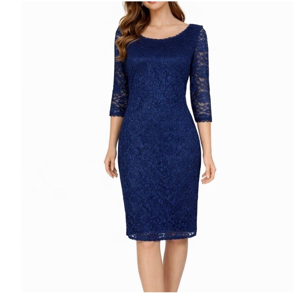 Laundry by Shelli Segal dress Navy blue knee length lace overlay 3/4 sleeve SZ 8